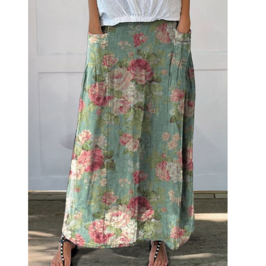 Alicia - Fickskjol i linne med retroblommigt konsttryc