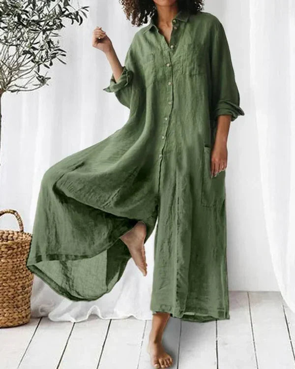 Cheri | Avslappnad Överdimensionerad Linnejumpsuit med Knappar