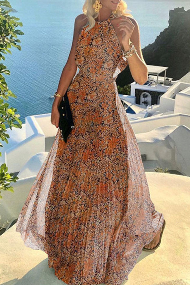 Tabitha - Bohème Print Halter Plisserad Klänning