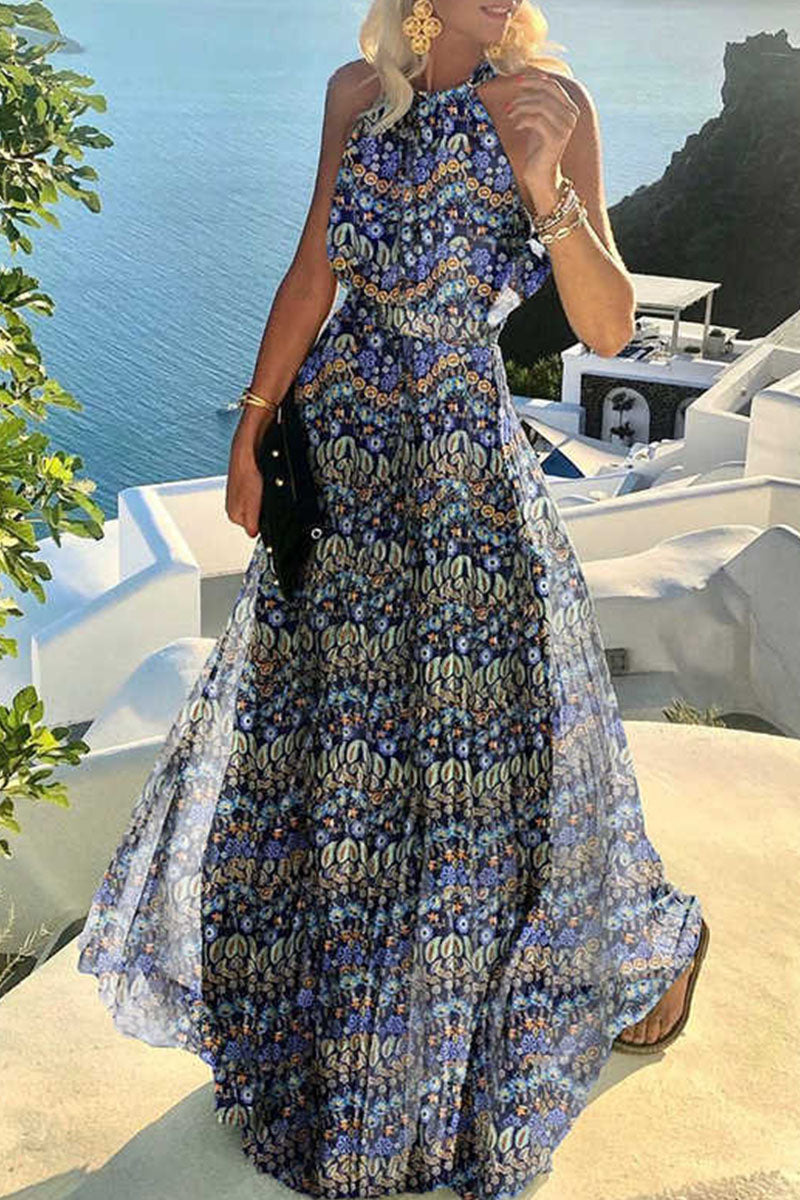 Tabitha - Bohème Print Halter Plisserad Klänning
