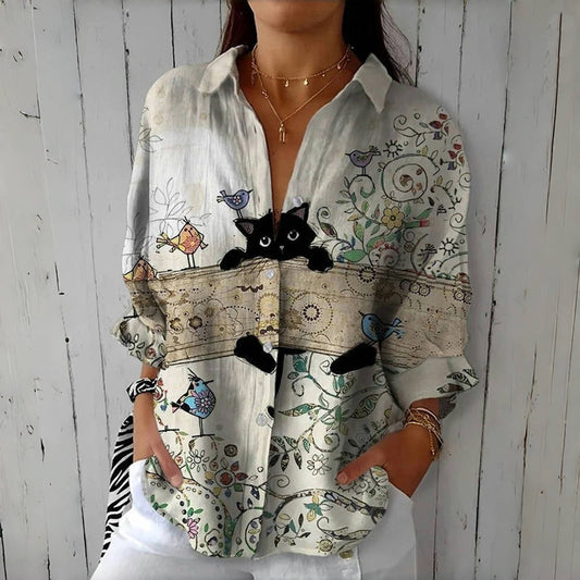 Ella | Vintage kreativ blus med katttryck