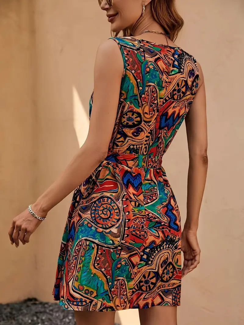 Rita - Linneklänning med tribaltryck och urringning