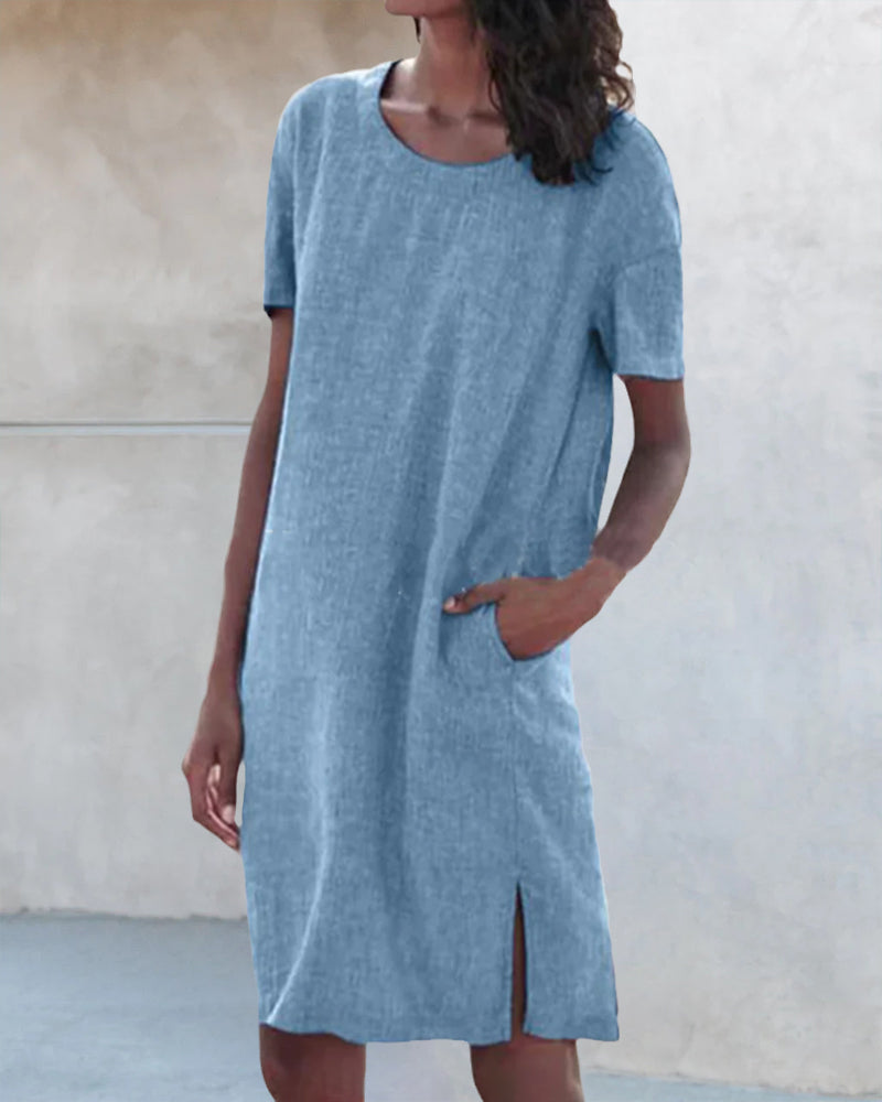 Sigrid | Bomullslinne Klänning Med Rund Hals