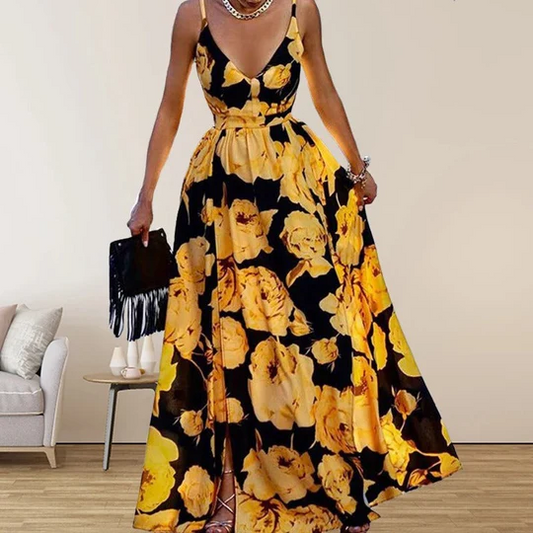 Flora - Mönstrad klänning med V-ringnin