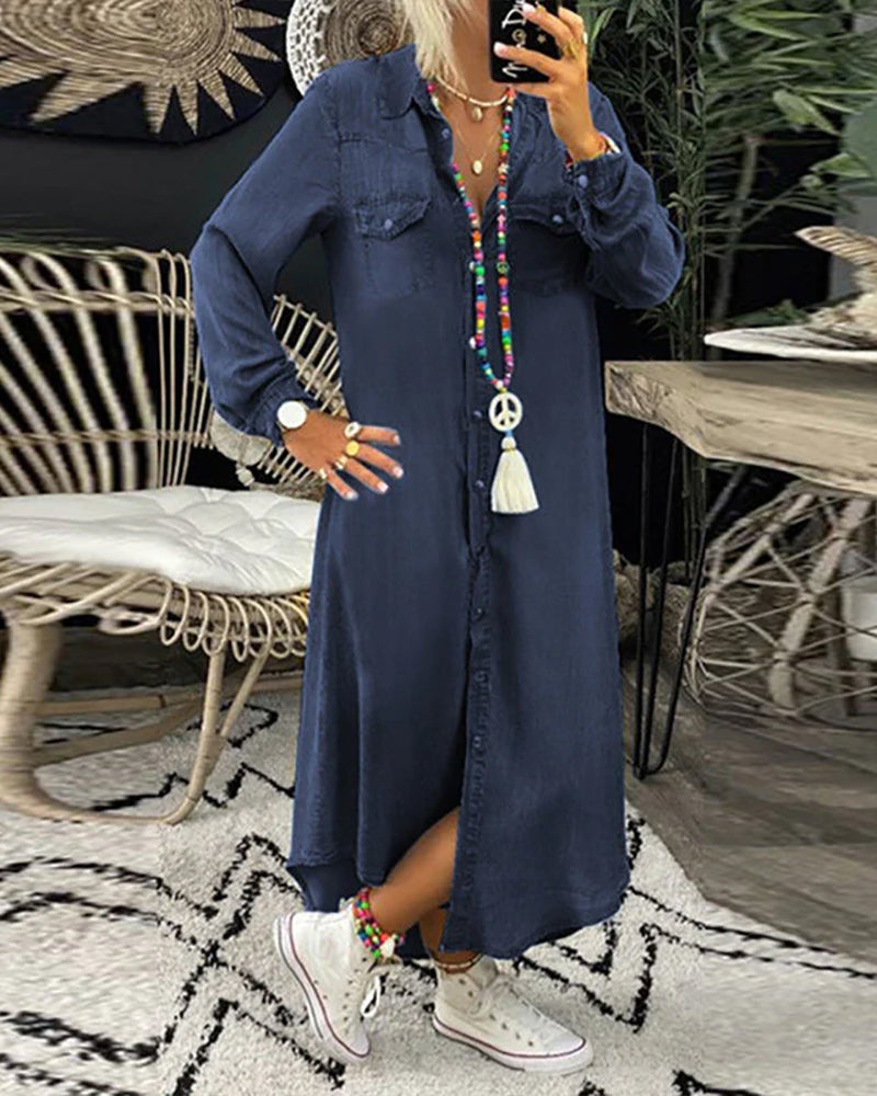 Noemi | Enfärgad Denimklänning Med Lång Ärm