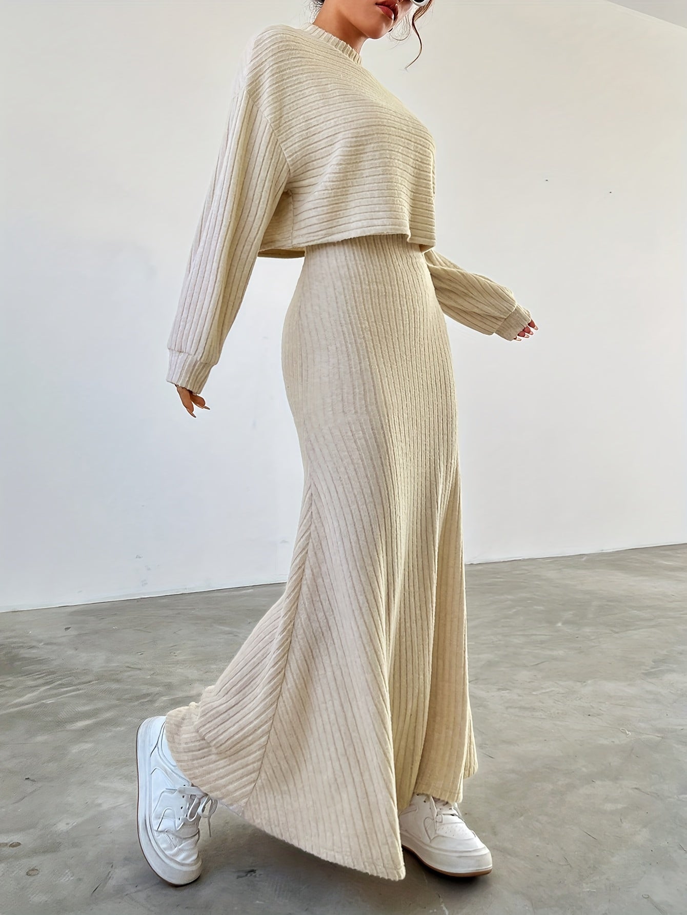 Carmina | Eleganta Texturerad Långärmad Topp Och Högmidjade Byxor Matchande Set