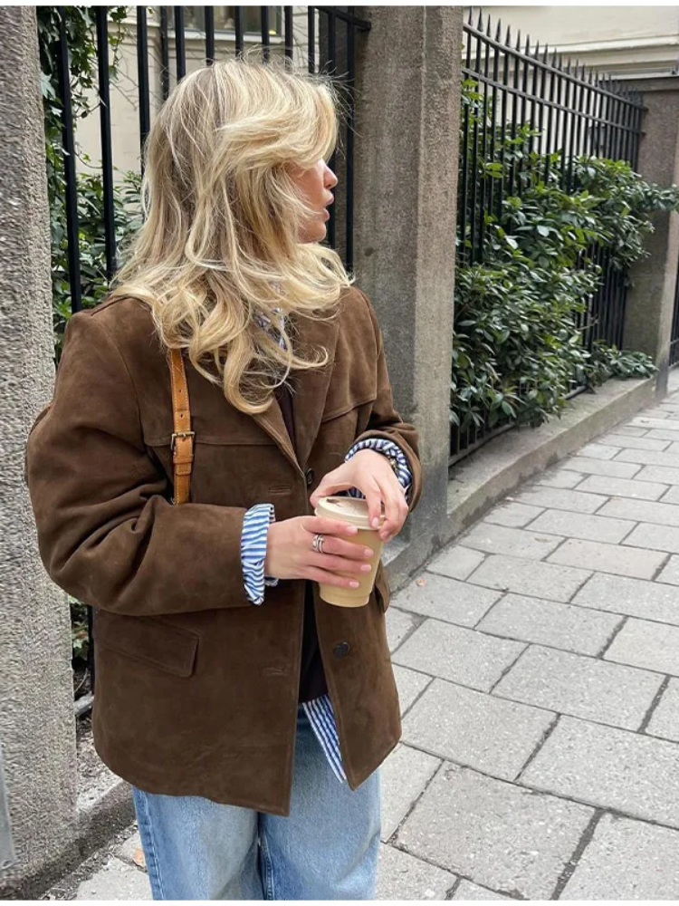 Maria | Elegant Oversized Brun Mocka Trenchcoat För Kvinnor