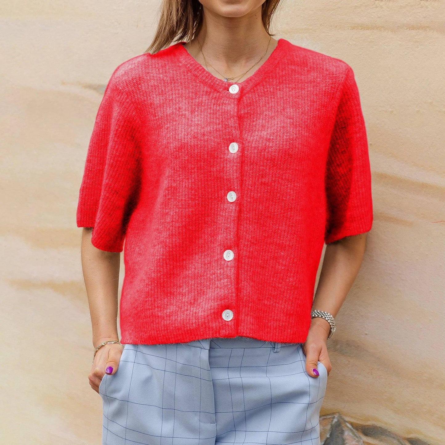 Mikai |Kortärmad cardigan med rund hals streetwear