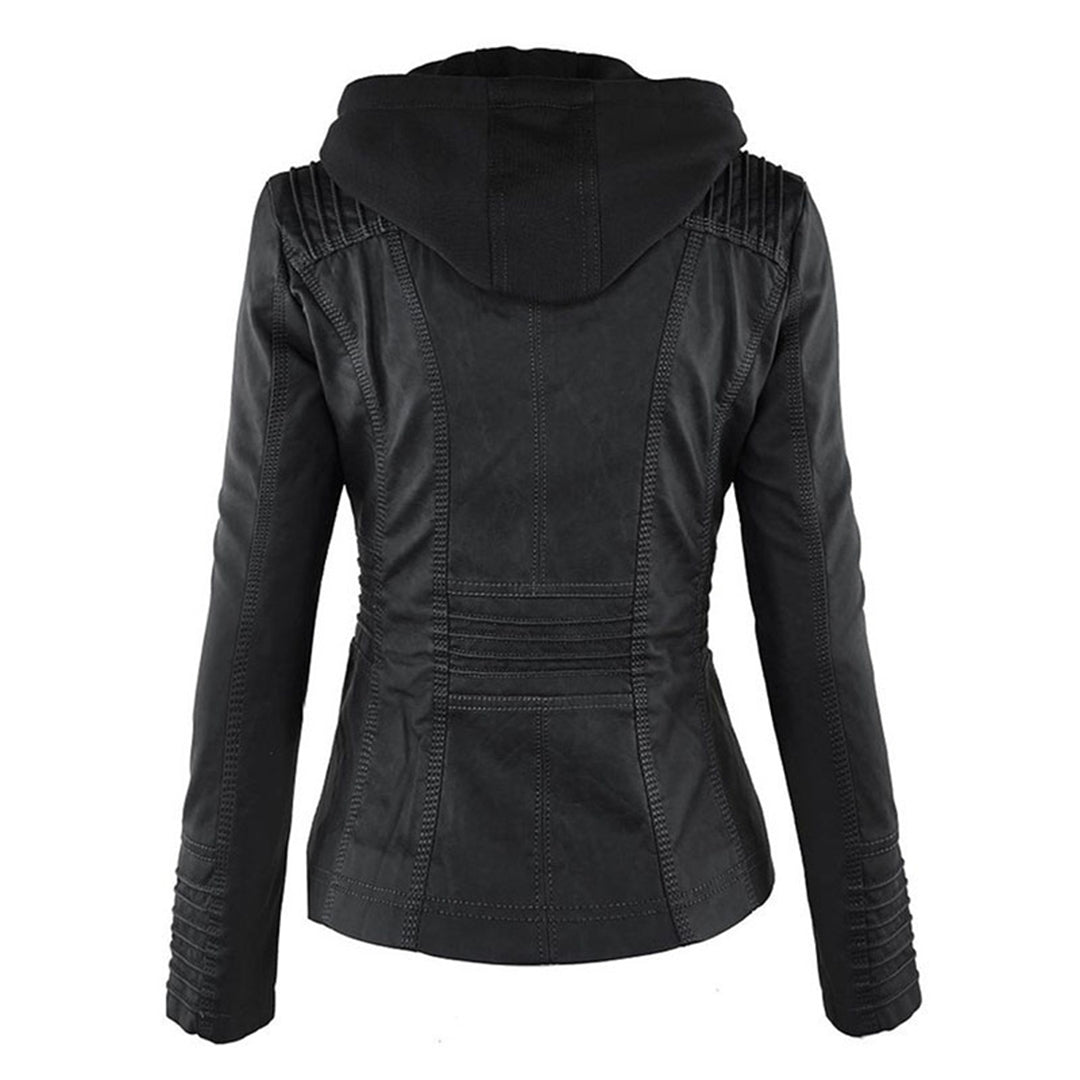 Cleo | Hooded Zip-Up Veganskt Läderjacka med Krage
