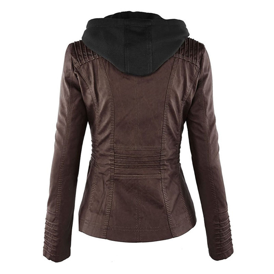 Cleo | Hooded Zip-Up Veganskt Läderjacka med Krage
