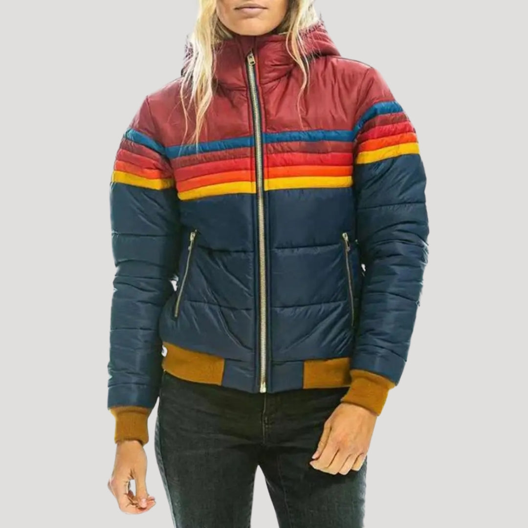 Nora | Retro Färgblock Pufferjacka med Huva för Vinter