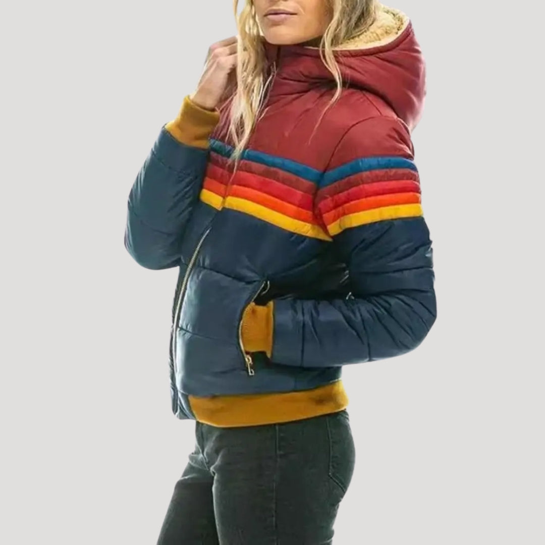 Nora | Retro Färgblock Pufferjacka med Huva för Vinter