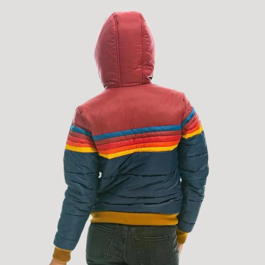 Nora | Retro Färgblock Pufferjacka med Huva för Vinter