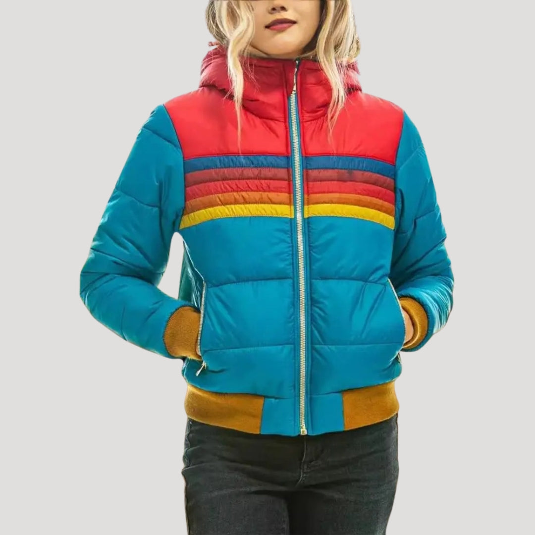 Nora | Retro Färgblock Pufferjacka med Huva för Vinter