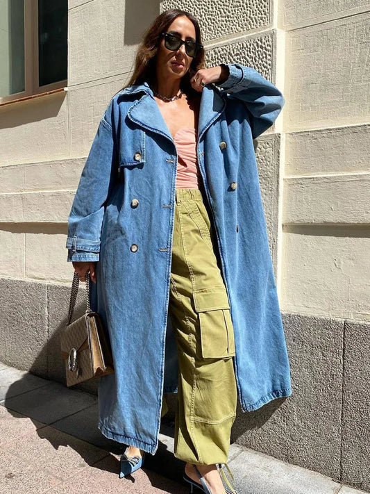 Celeste | Klassisk Lång Denim Trenchcoat med Bälte