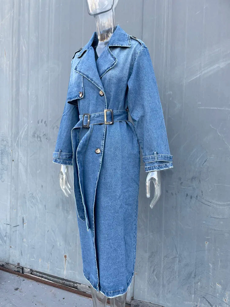Celeste | Klassisk Lång Denim Trenchcoat med Bälte