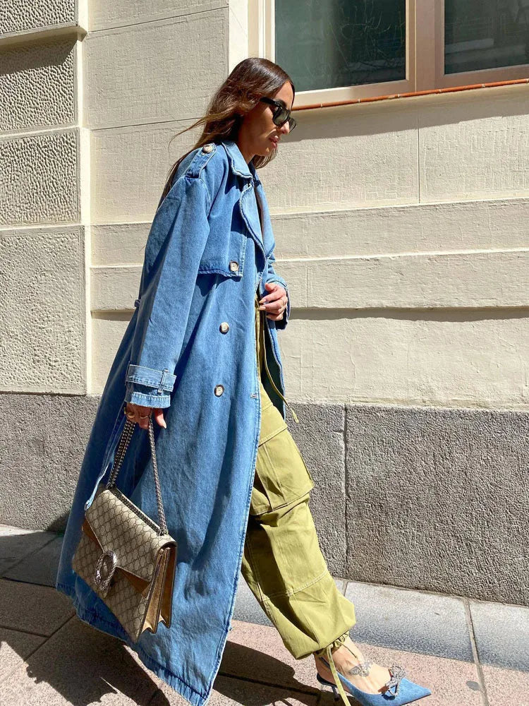 Celeste | Klassisk Lång Denim Trenchcoat med Bälte