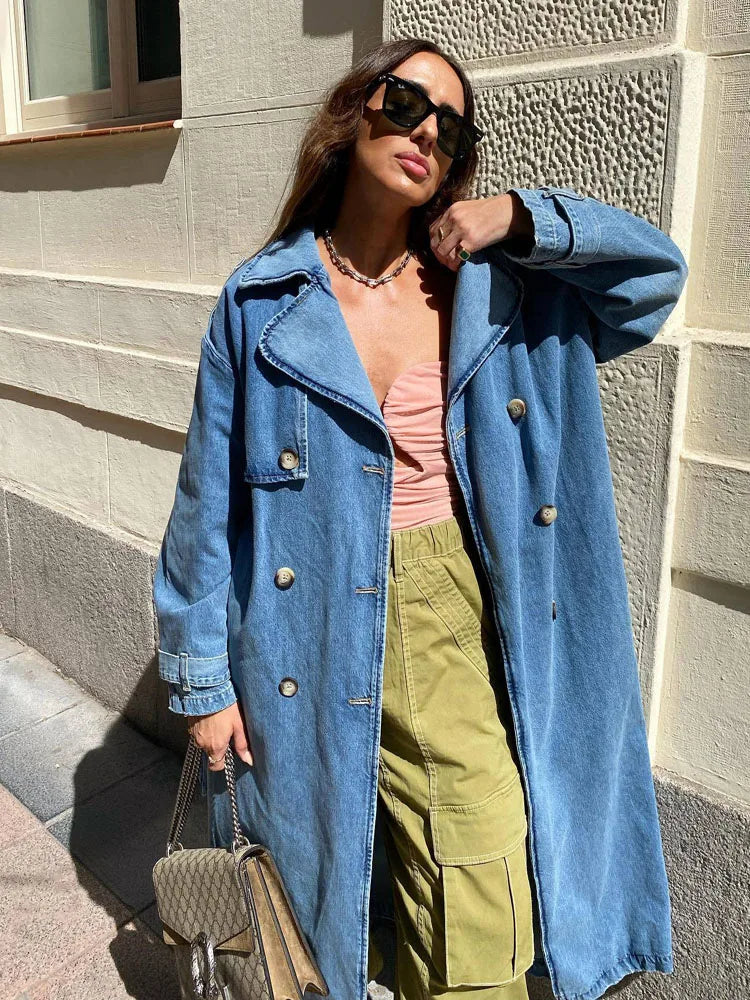 Celeste | Klassisk Lång Denim Trenchcoat med Bälte