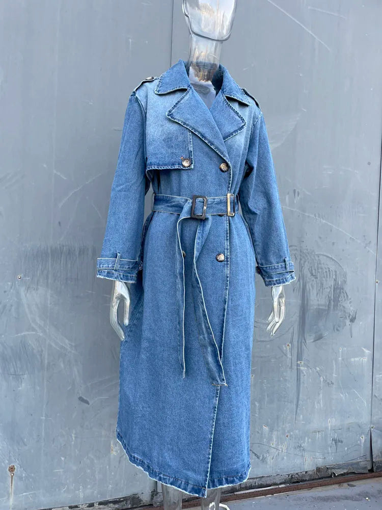 Celeste | Klassisk Lång Denim Trenchcoat med Bälte