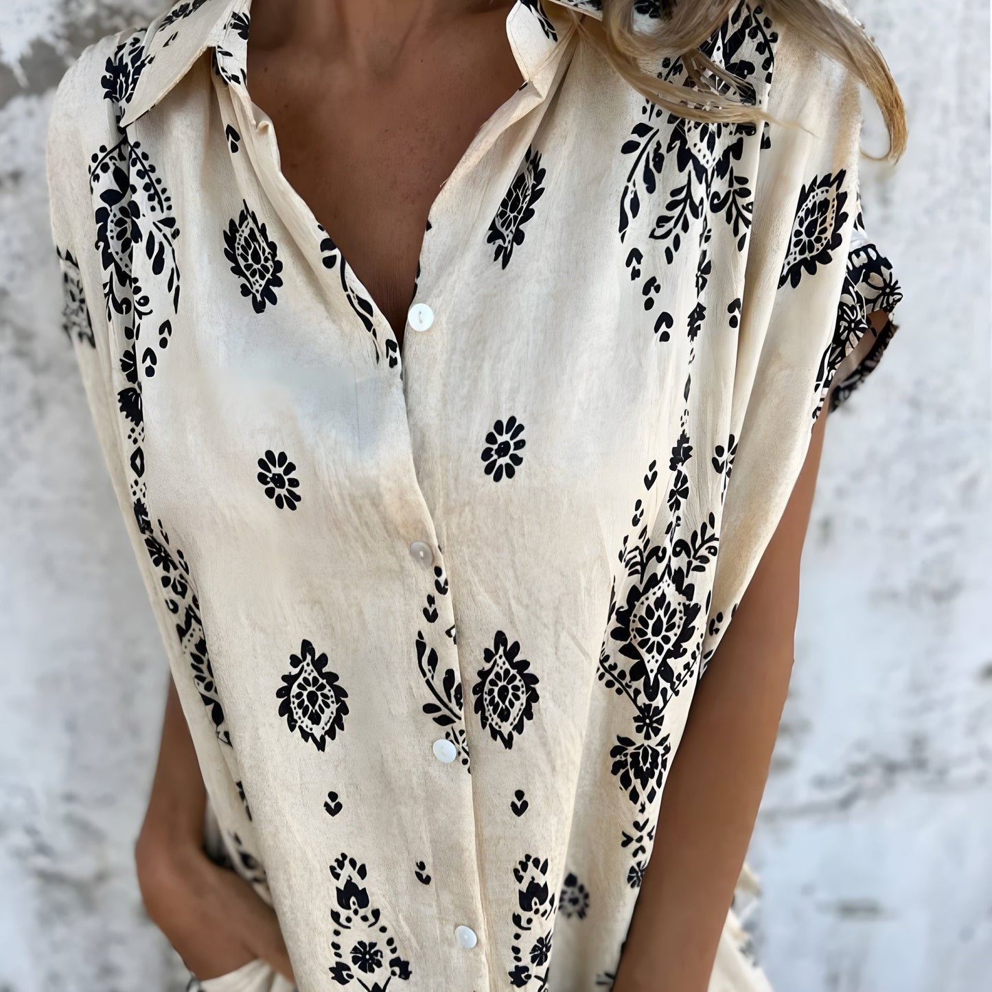Isabelle | Boho‑Skjortklänning Med Fickor I Djupa Tryck
