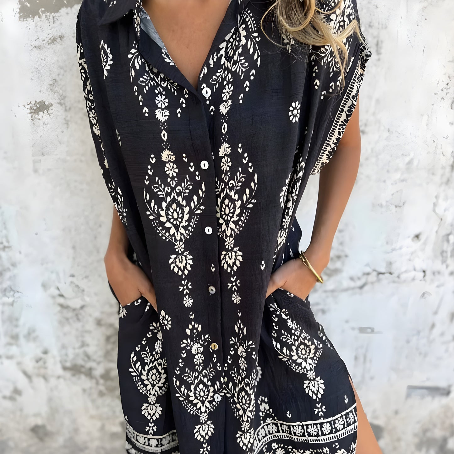 Isabelle | Boho‑Skjortklänning Med Fickor I Djupa Tryck