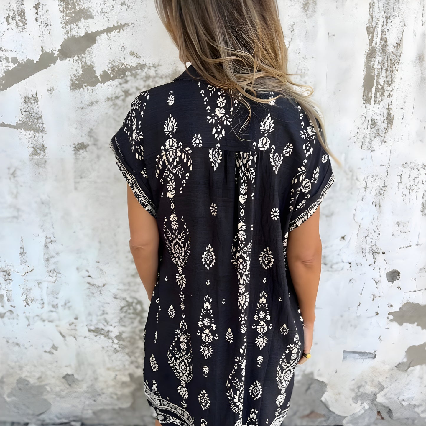 Isabelle | Boho‑Skjortklänning Med Fickor I Djupa Tryck