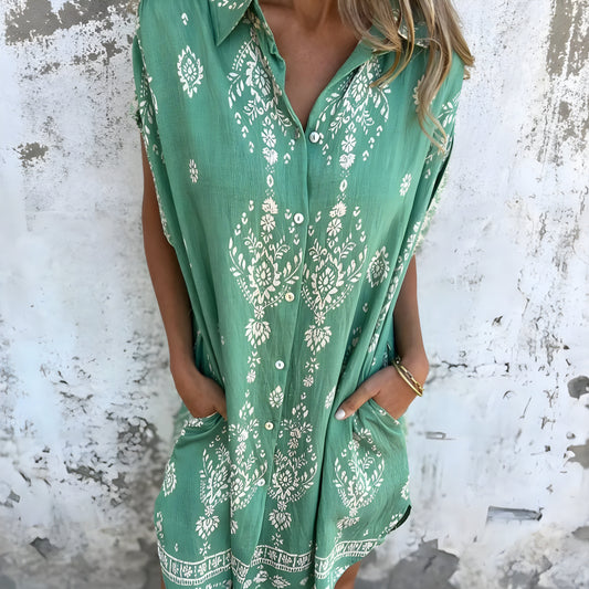 Isabelle | Boho‑Skjortklänning Med Fickor I Djupa Tryck