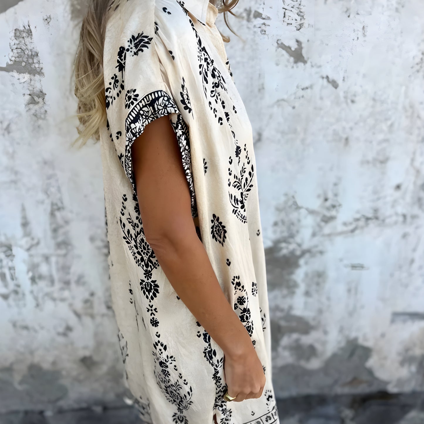 Isabelle | Boho‑Skjortklänning Med Fickor I Djupa Tryck