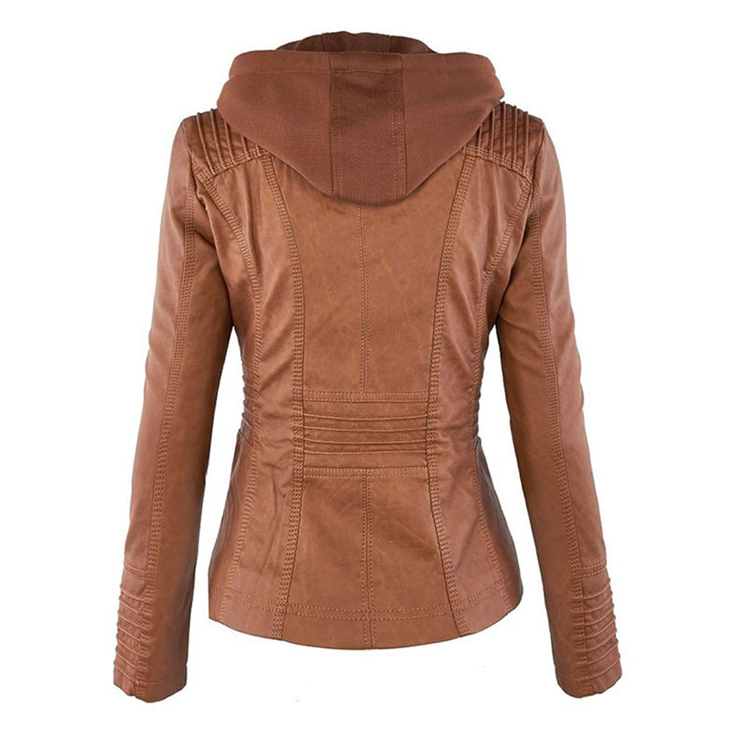 Cleo | Hooded Zip-Up Veganskt Läderjacka med Krage