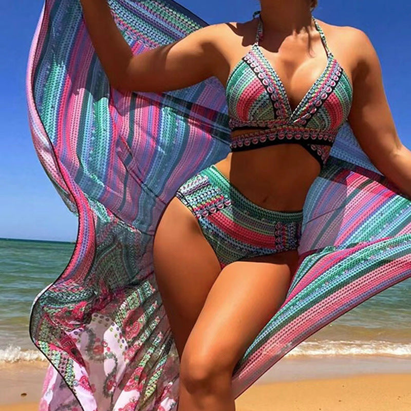 Andi - Tredelad bikini strandbaddräkt med korslagda band och hög midja