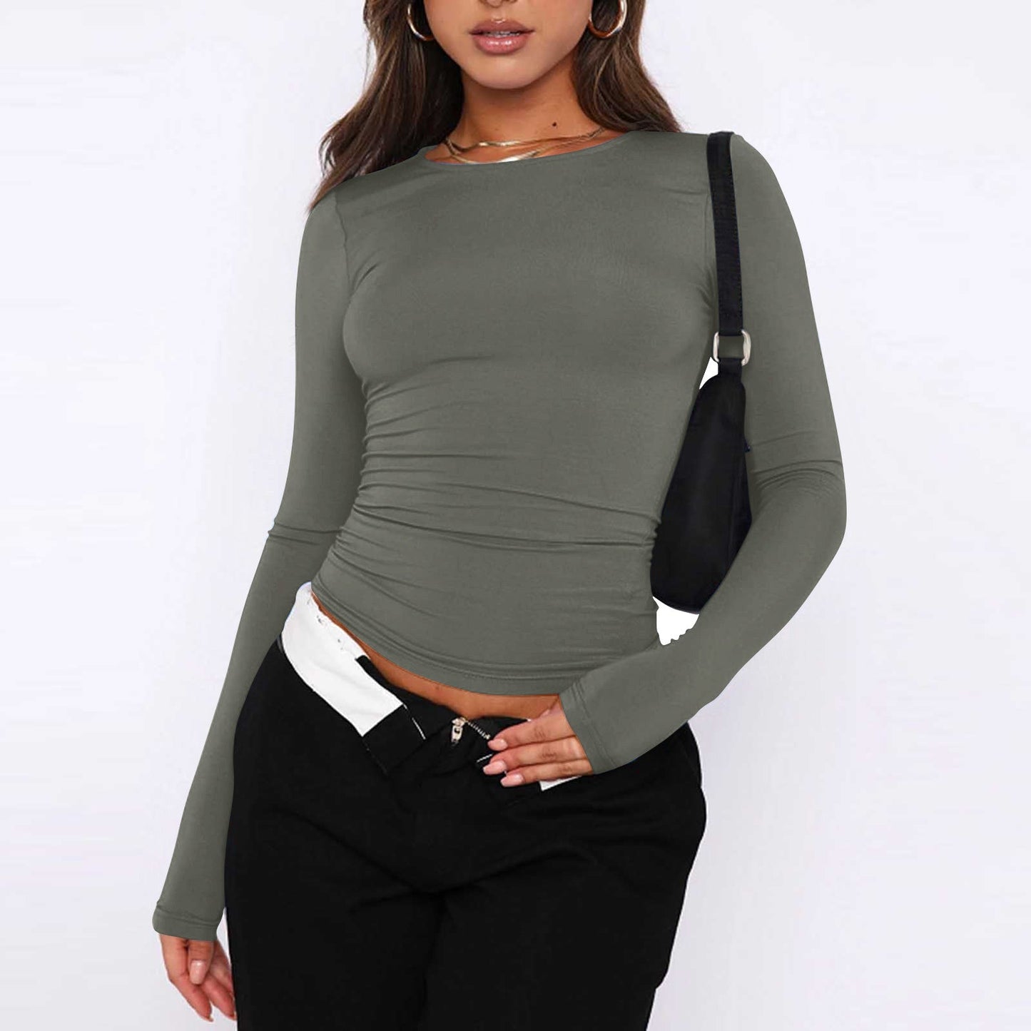 Asa | Dammode enfärgad rund hals långärmad t-shirt topp