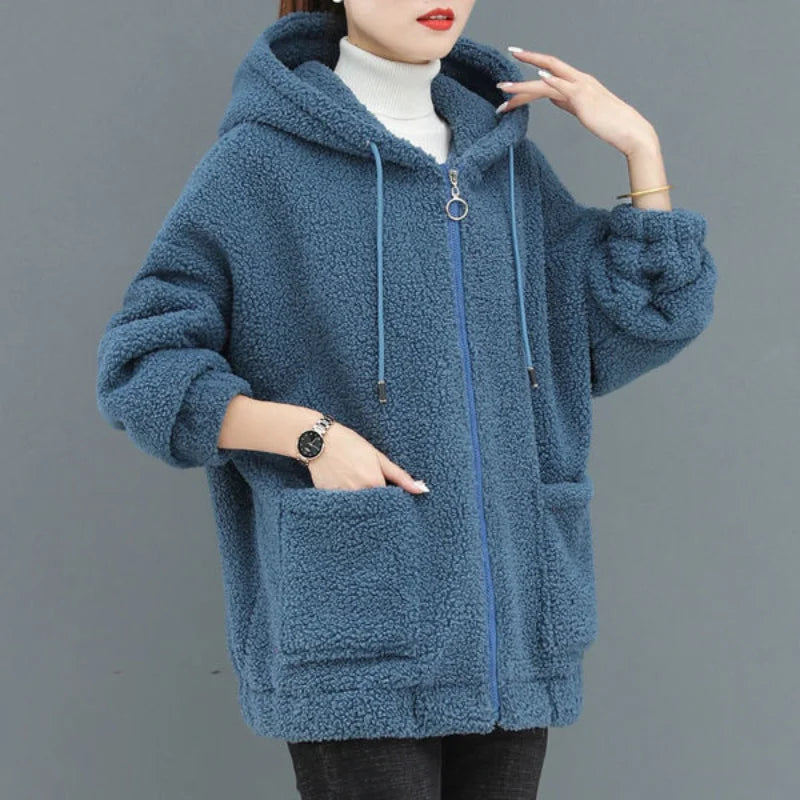 Cristy | Varm Fleece Huvtröja med Dragkedja & Snörning