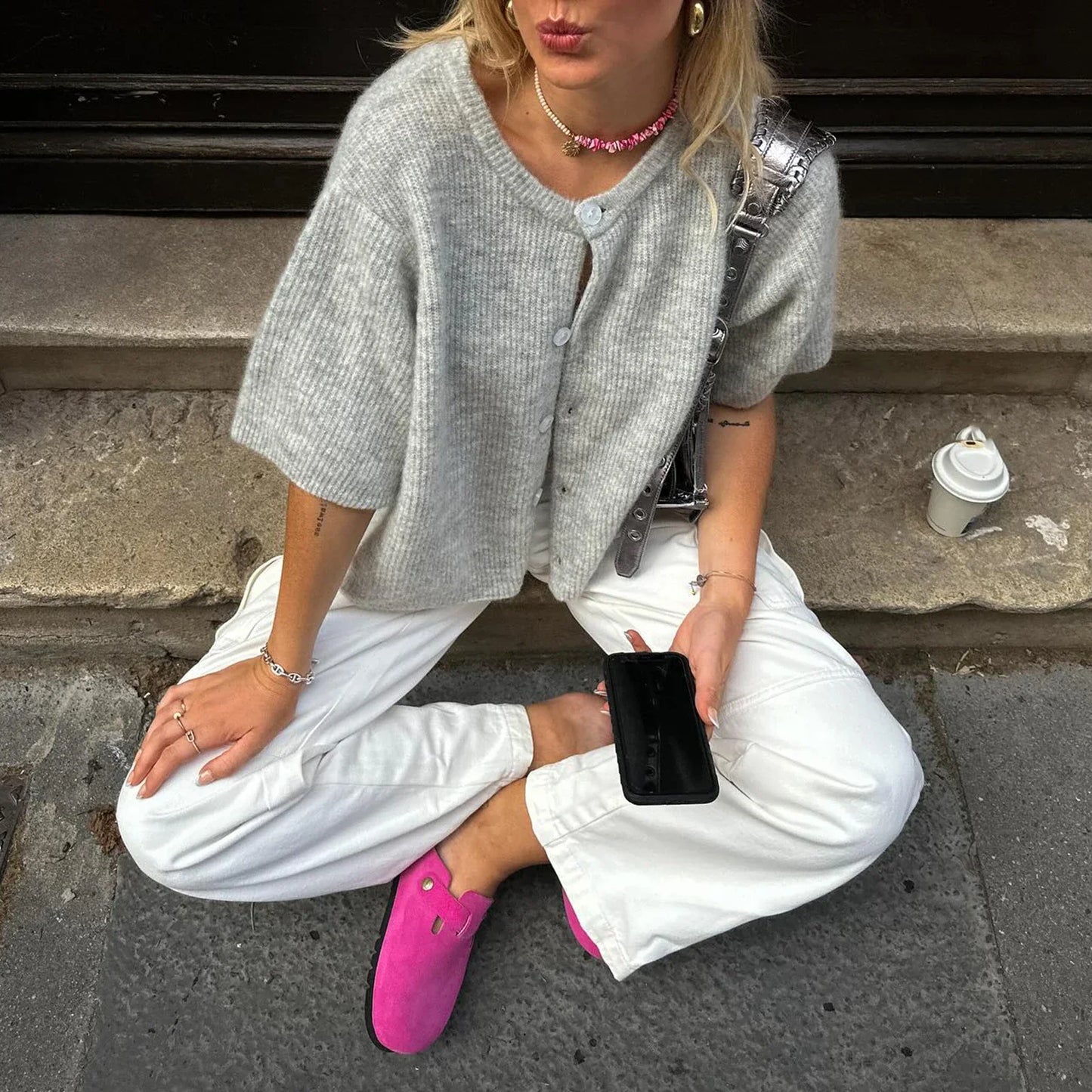 Mikai |Kortärmad cardigan med rund hals streetwear