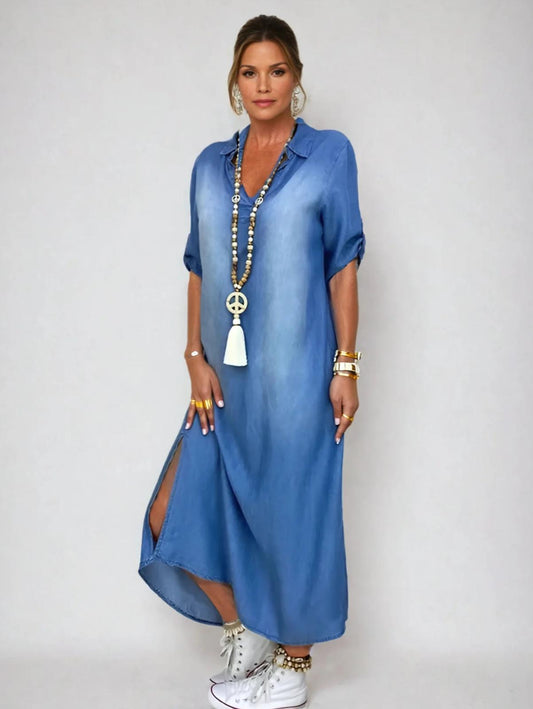 Mila | Maxiklänning I Denimlook Med Sidoslits