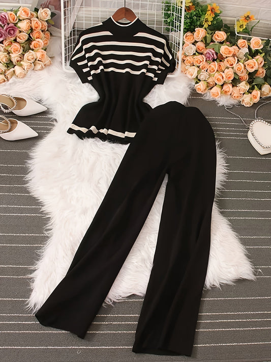 Nora | Retro randig byxdress med mockhals och outfit-set