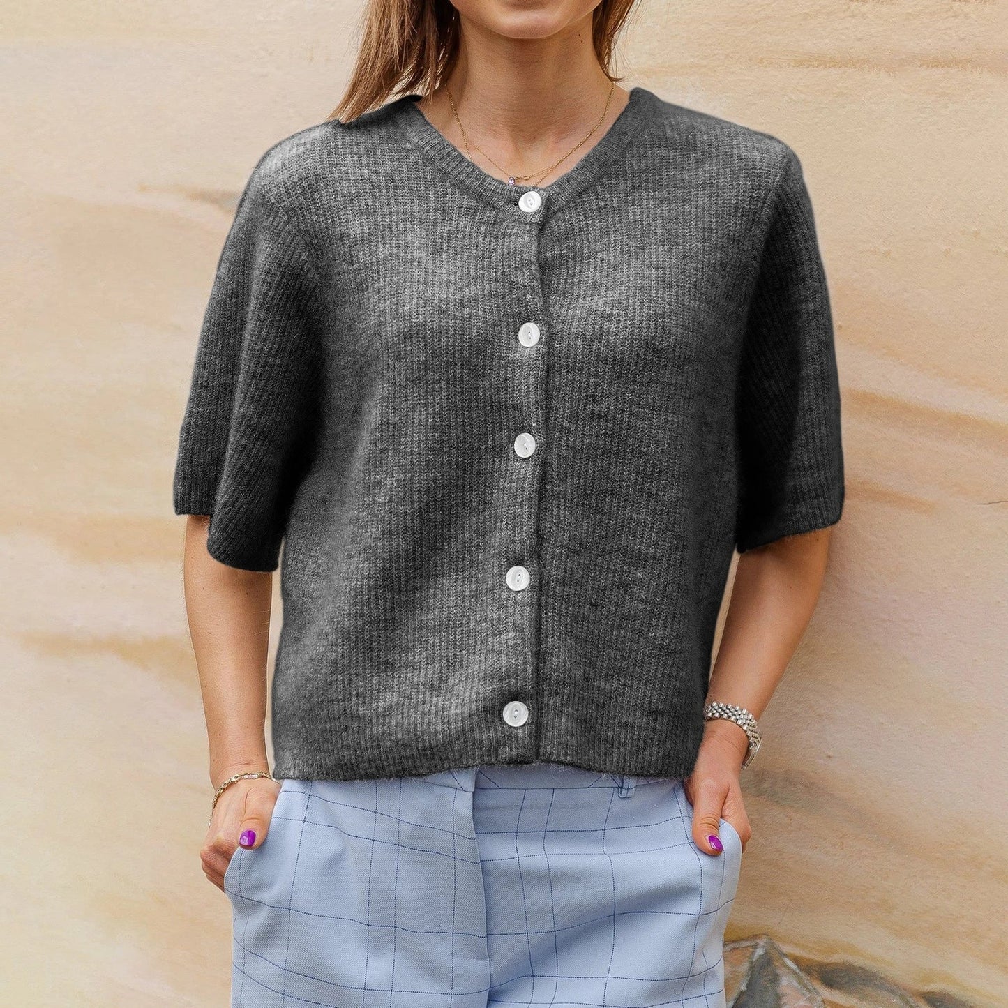 Mikai |Kortärmad cardigan med rund hals streetwear