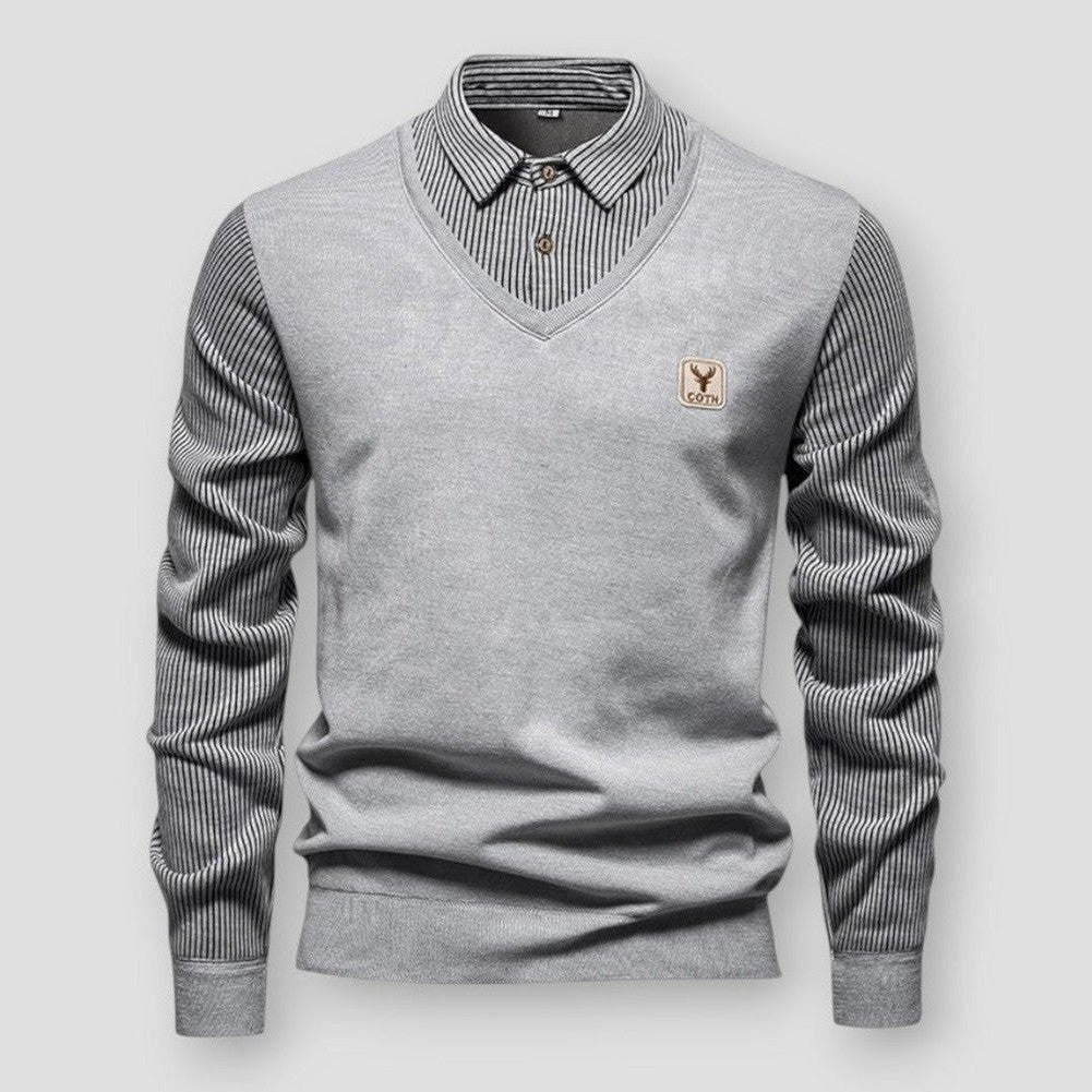 David | Elegant Tvåfärgad V-ringad Pullover för Herr