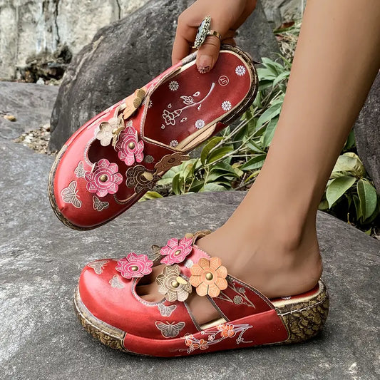 Clara | Retro Röda Blomsandaler Med Komfort Och Stil