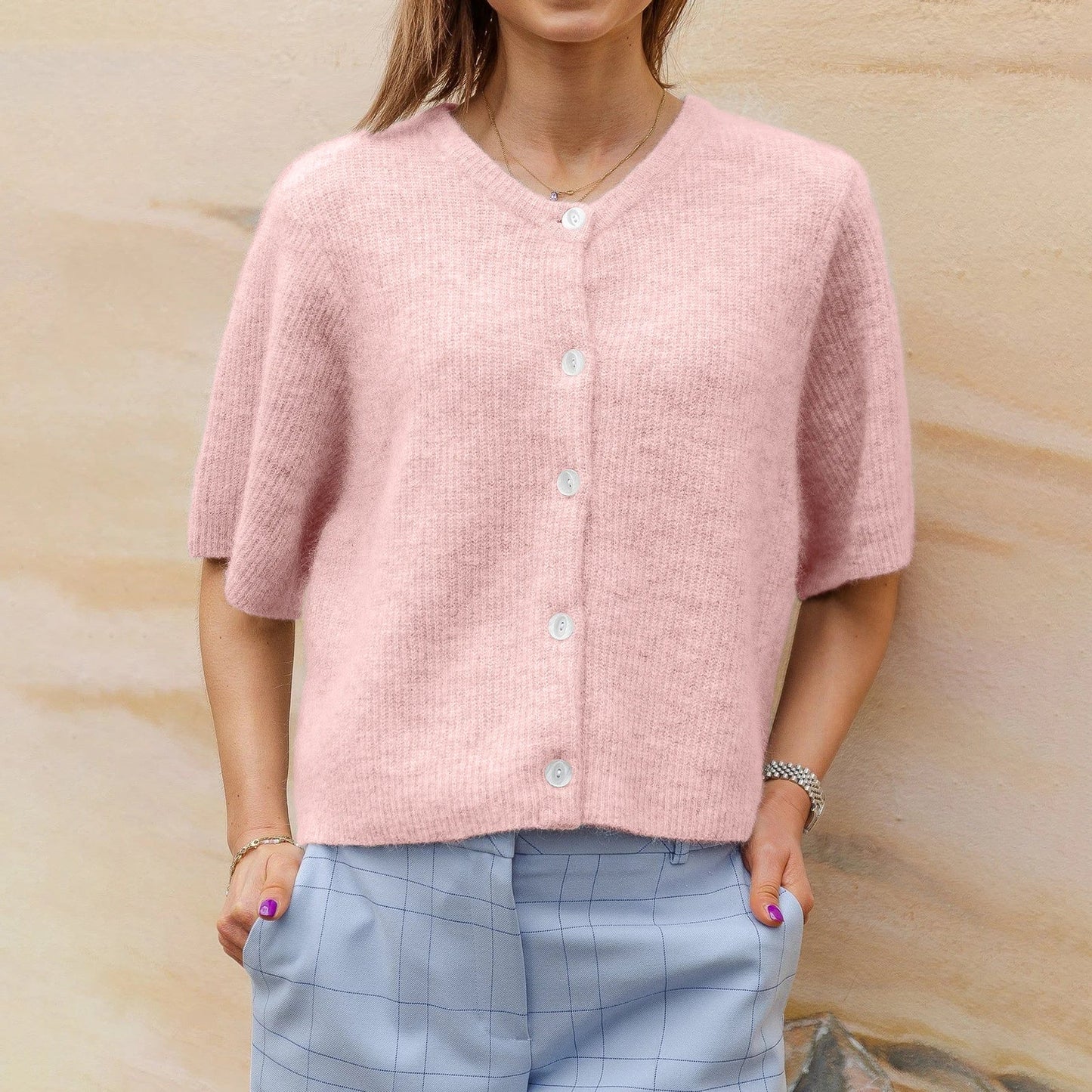 Mikai |Kortärmad cardigan med rund hals streetwear