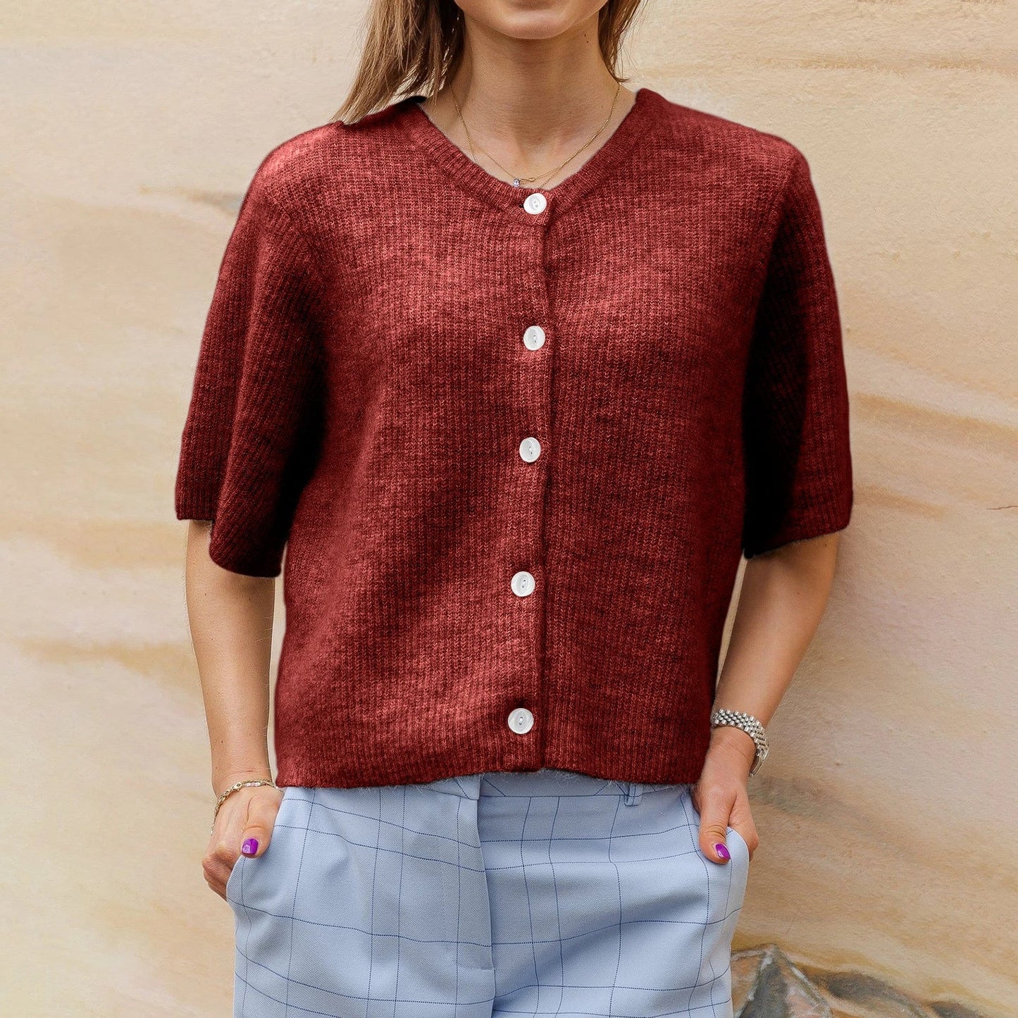 Mikai |Kortärmad cardigan med rund hals streetwear