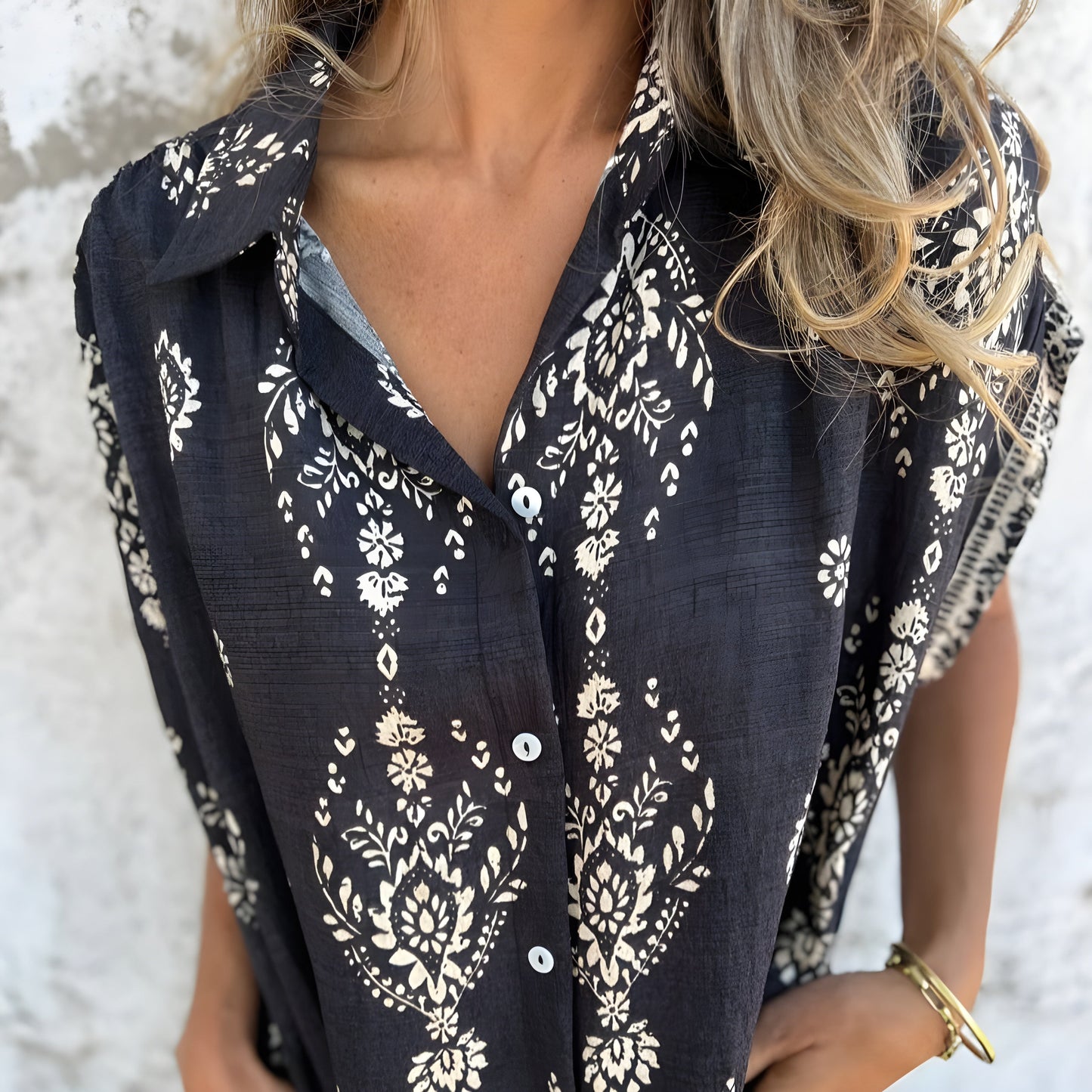 Isabelle | Boho‑Skjortklänning Med Fickor I Djupa Tryck