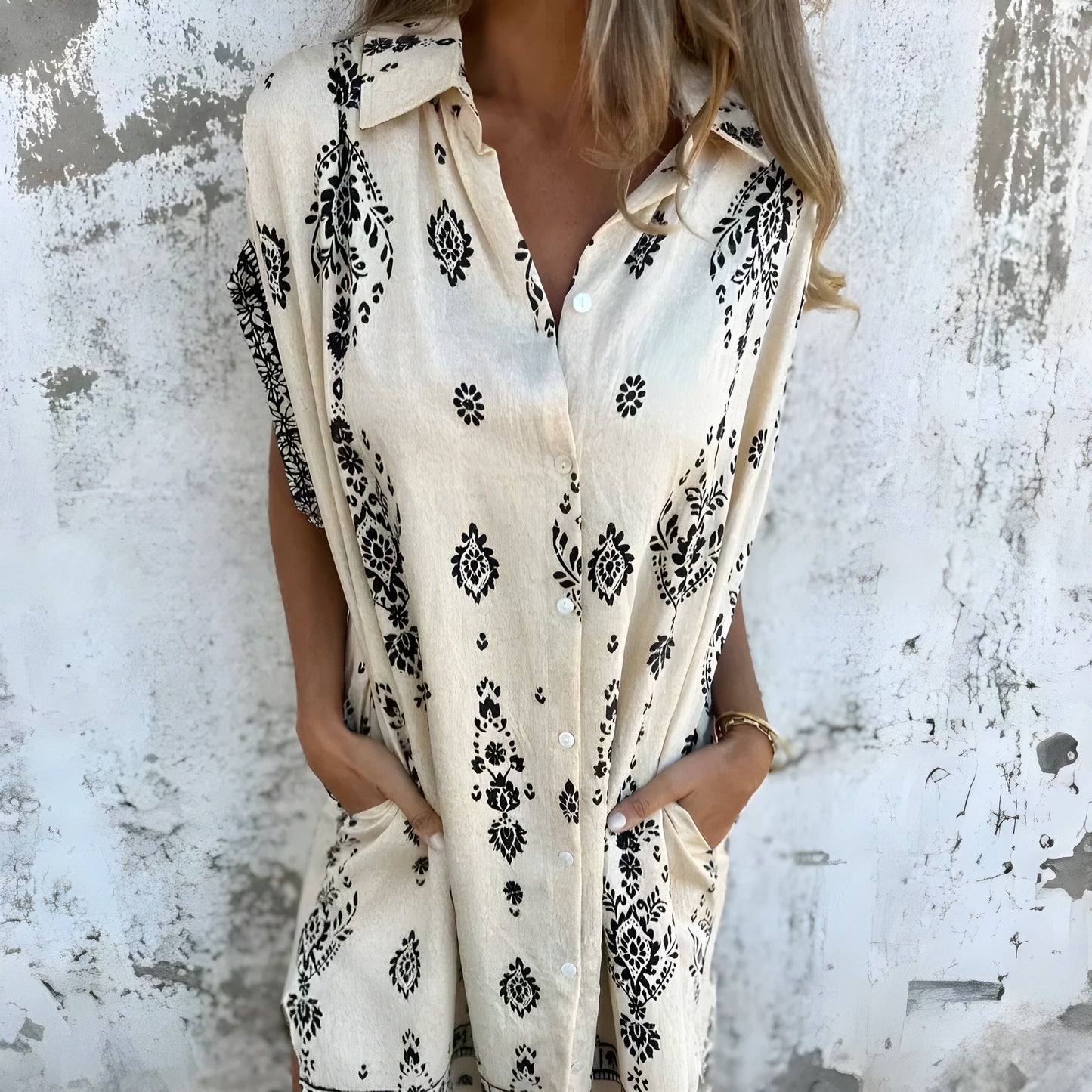 Isabelle | Boho‑Skjortklänning Med Fickor I Djupa Tryck