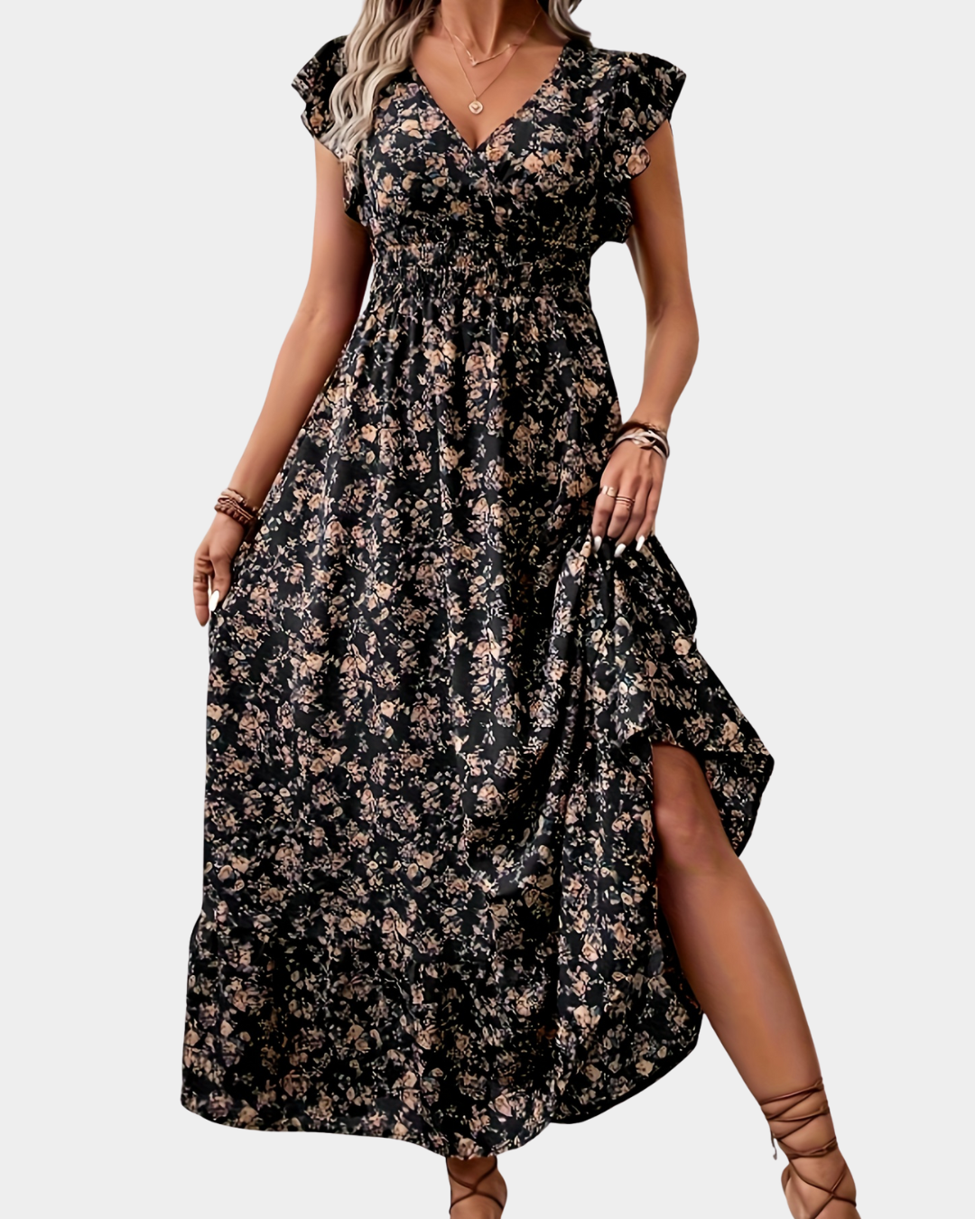 VENDELA™ | Blommig midiklänning med knytskärp