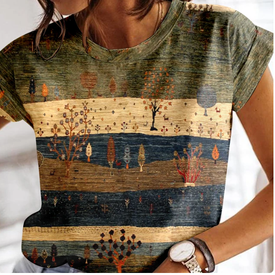 Cathlyn - Sommer kariertes T-Shirt für Frauen O-Ausschnit