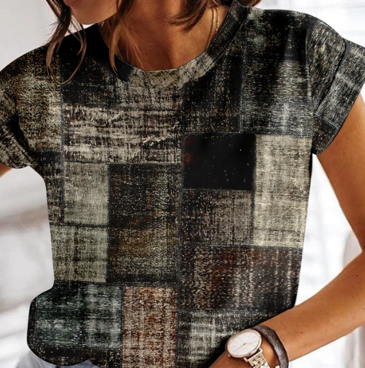 Cornelia -Sommarrutig T-shirt för kvinnor O-ringa