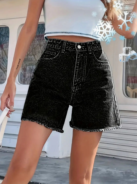 Jolande - Enfärgade, lediga, löst sittande denimshorts för kvinnor