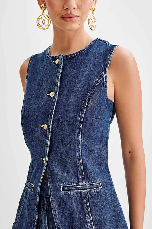 Abel - Denim västtopp med fickor och prinsessömma