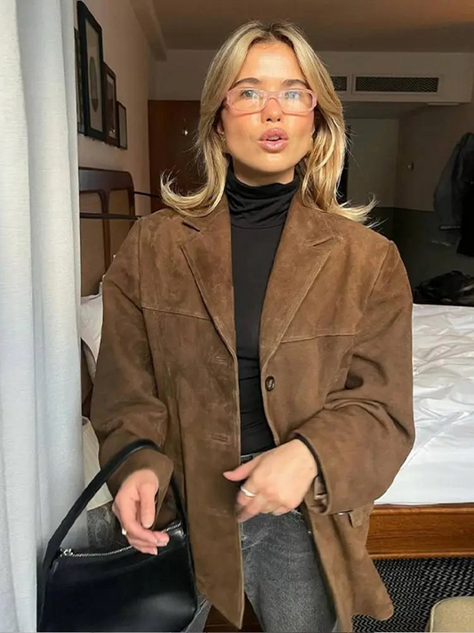 Maria | Elegant Oversized Brun Mocka Trenchcoat För Kvinnor