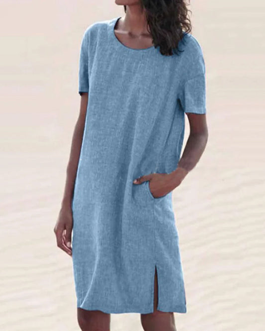 Sigrid | Bomullslinne Klänning Med Rund Hals