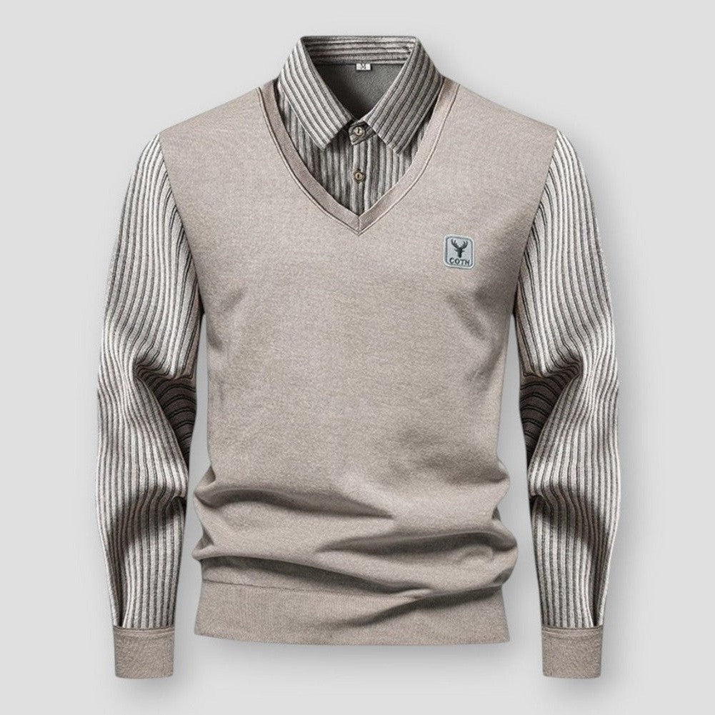 David | Elegant Tvåfärgad V-ringad Pullover för Herr